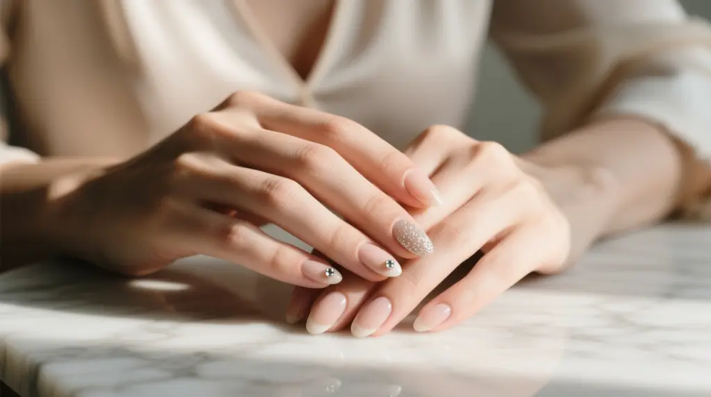 Нюдовый маникюр на ногти с акцентом из страз — идеальный вариант для ежедневного ухода и офиса