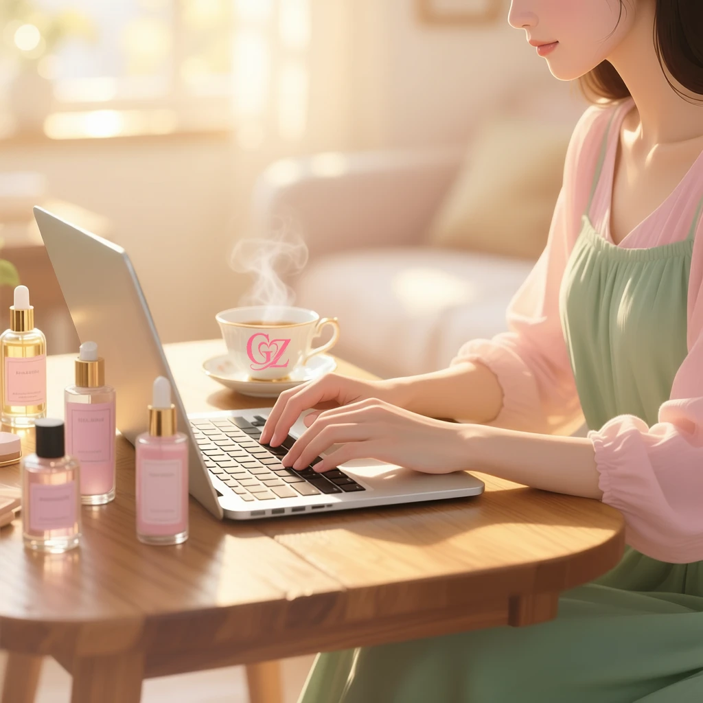 Рабочая сцена для блога Глории: девушка печатает на ноутбуке, чашка чая и косметика рядом, атмосфера уюта и творчества.