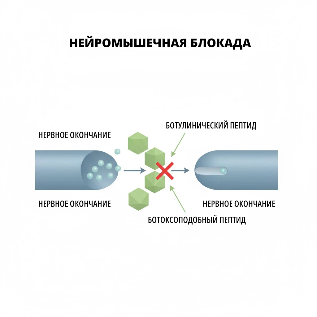 Диаграмма: механизм блокировки нервного импульса ботулоподобными пептидами (миорелаксантами)