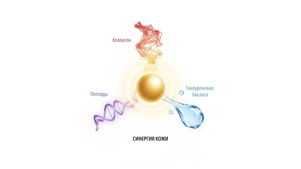 Схема синергии пептидов, коллагена и гиалуроновой кислоты в антивозрастном уходе после 40