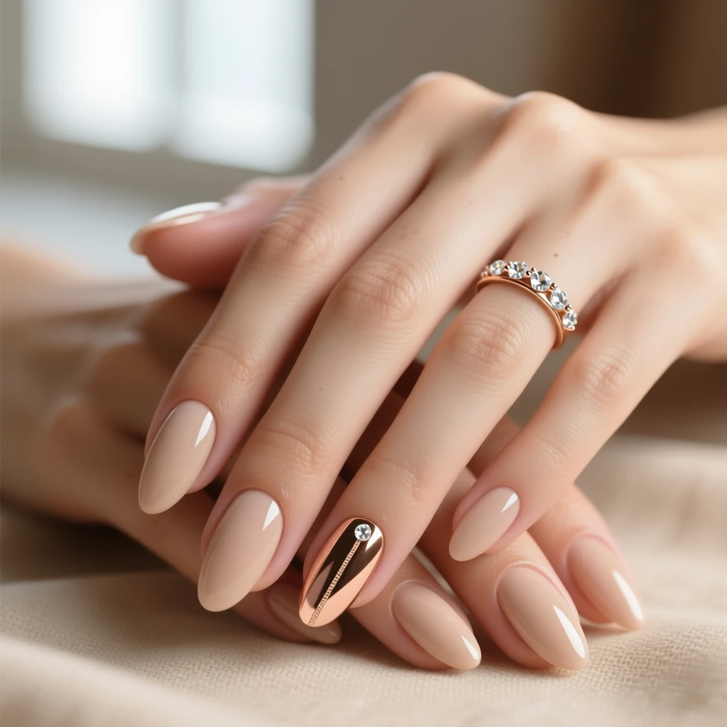 Минималистичный нюдовый маникюр на миндалевидных ногтях с акцентом на безымянном пальце: тонкая полоска розовой фольги у бокового края и три крошечных прозрачных страза у кутикулы. Остальные ногти — гладкие и без украшений.