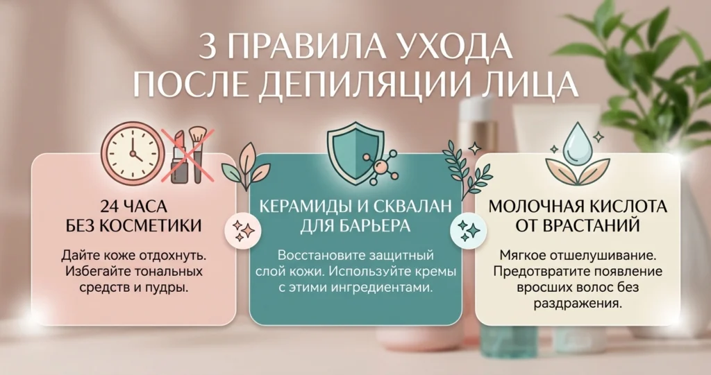 Инфографика: три правила ухода за кожей лица после депиляции — карантин 24 часа, восстановление барьера, мягкое отшелушивание