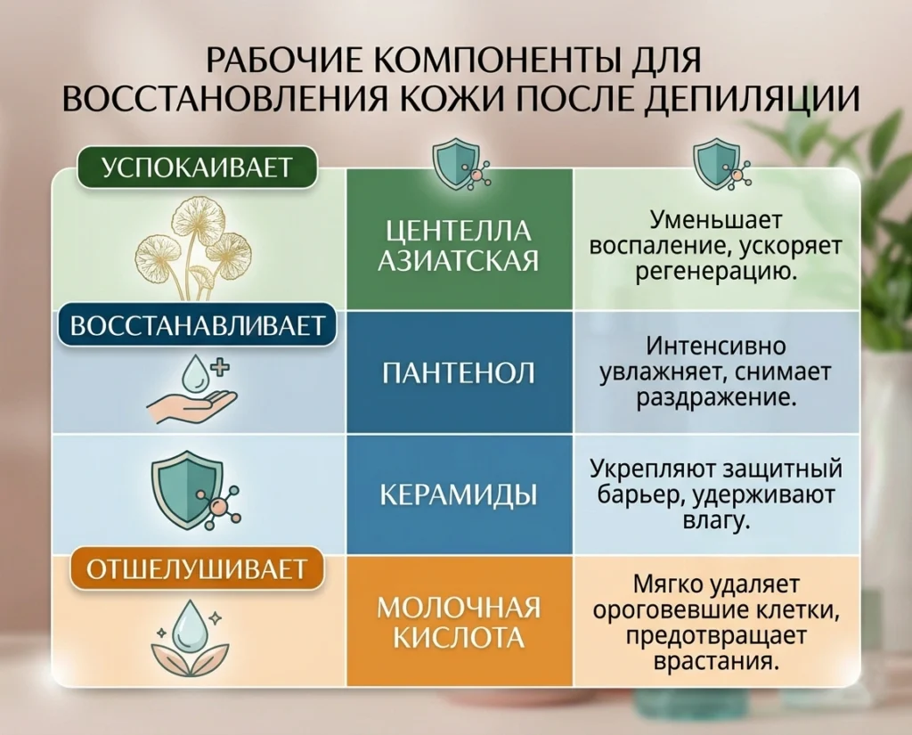 Таблица рабочих компонентов для восстановления кожи после депиляции: центелла, пантенол, керамиды, молочная кислота и их действие
