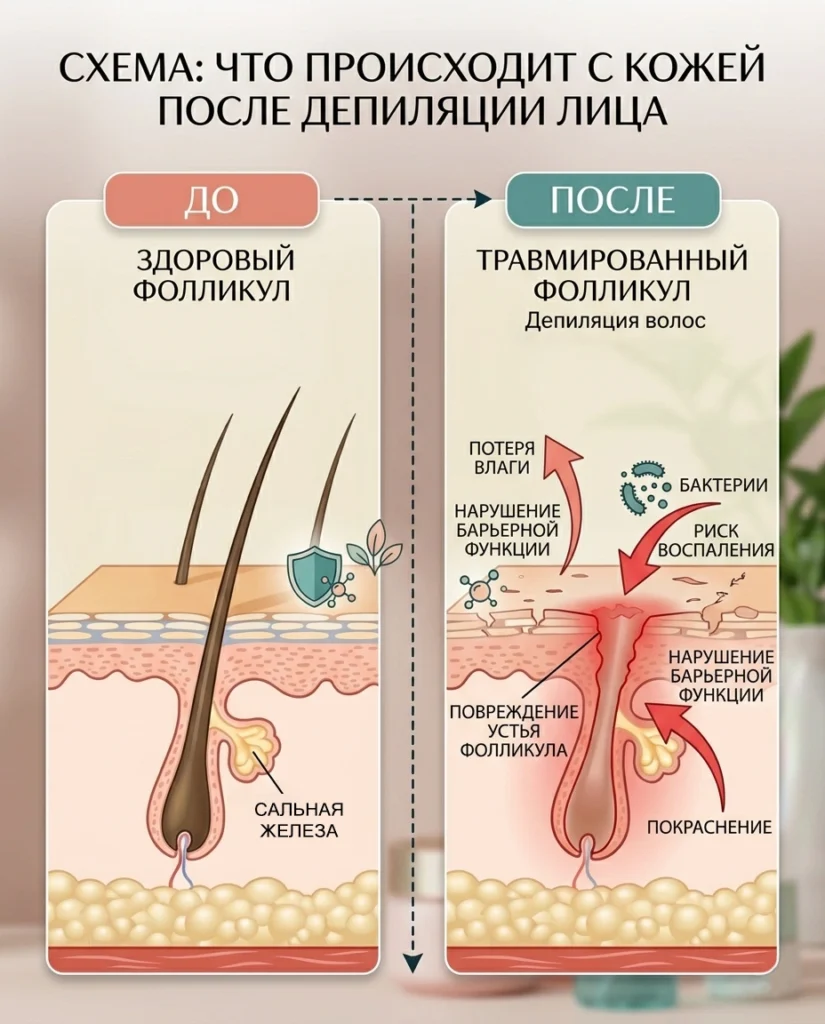 Схема микротравм кожи после удаления волос: повреждение устья фолликула, нарушение барьерной функции, риск воспаления