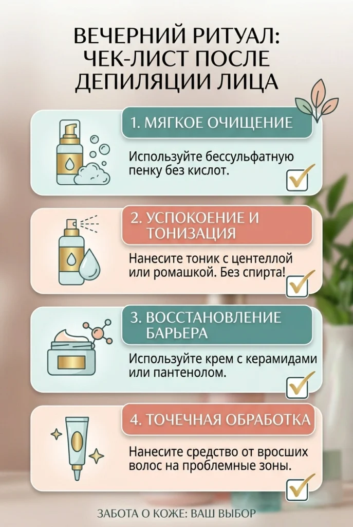 Пошаговый чек-лист вечернего ухода после депиляции лица: очищение, успокоение, восстановление, точечная обработка